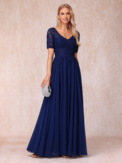 Forme Princesse Col en V Manches courtes Longue Robes de soirée formelles avec Billes et Appliques