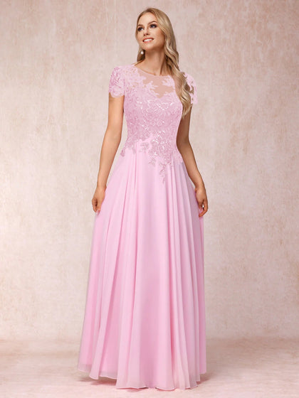 Forme Princesse Col Transparent Manches Courtes Longue Robes de Soirée Formel avec Appliques