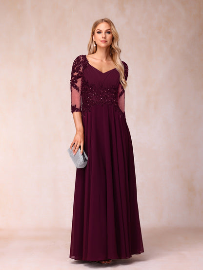 Forme Princesse Col en V Manches 3/4 Longue Robes de soirée formelles avec Brodé