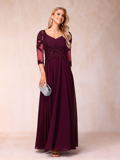 Forme Princesse Col en V Manches 3/4 Longue Robes de soirée formelles avec Brodé