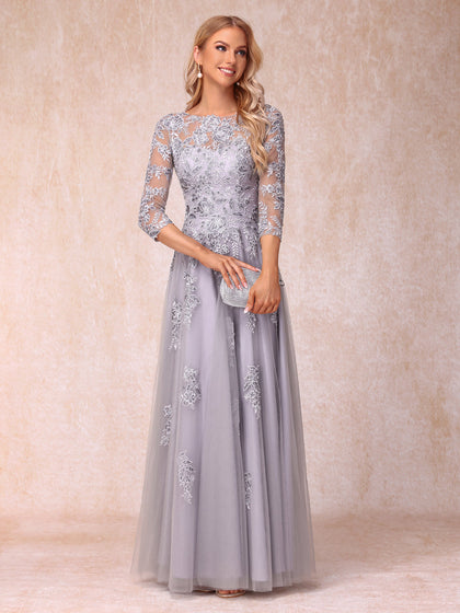 Forme Princesse Col Transparent Demi Manches Longue Robes de Soirée Formel avec Billes et Appliques