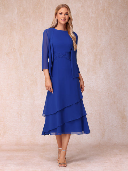 Robes de Soirée Mi-Longues sans Manches Fourreau/Colonne en Scoop avec Volants & Veste à Manches Longues