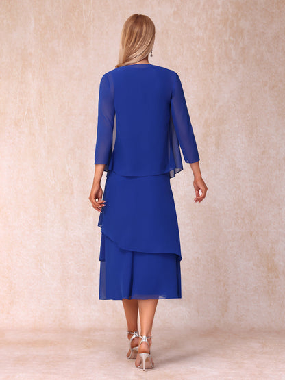 Robes de Soirée Mi-Longues sans Manches Fourreau/Colonne en Scoop avec Volants & Veste à Manches Longues