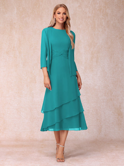 Robes de Soirée Mi-Longues sans Manches Fourreau/Colonne en Scoop avec Volants & Veste à Manches Longues