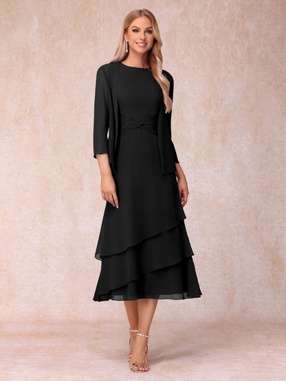 Robes de Soirée Mi-Longues sans Manches Fourreau/Colonne en Scoop avec Volants & Veste à Manches Longues