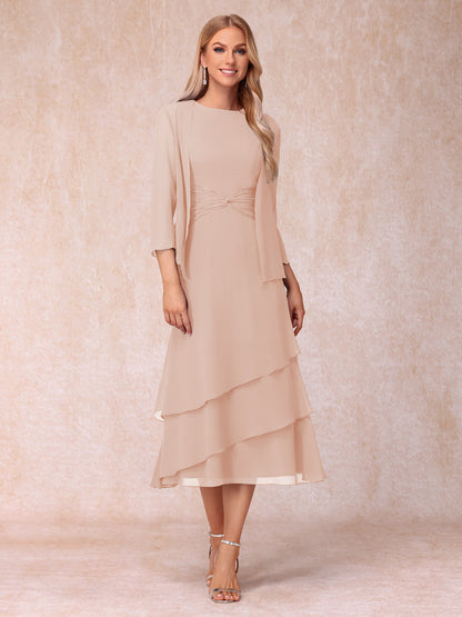 Robes de Soirée Mi-Longues sans Manches Fourreau/Colonne en Scoop avec Volants & Veste à Manches Longues