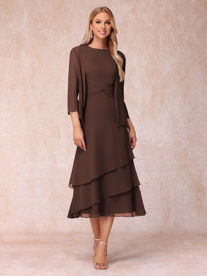 Robes de Soirée Mi-Longues sans Manches Fourreau/Colonne en Scoop avec Volants & Veste à Manches Longues