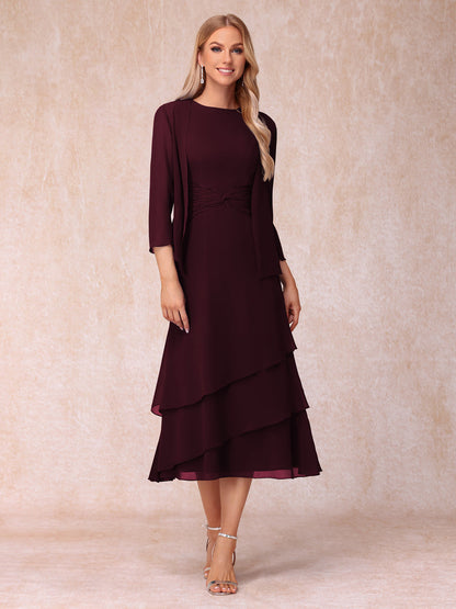 Robes de Soirée Mi-Longues sans Manches Fourreau/Colonne en Scoop avec Volants & Veste à Manches Longues
