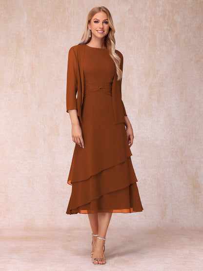 Robes de Soirée Mi-Longues sans Manches Fourreau/Colonne en Scoop avec Volants & Veste à Manches Longues