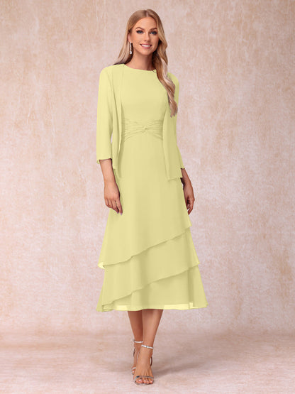Robes de Soirée Mi-Longues sans Manches Fourreau/Colonne en Scoop avec Volants & Veste à Manches Longues