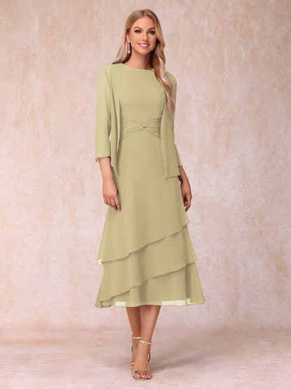 Robes de Soirée Mi-Longues sans Manches Fourreau/Colonne en Scoop avec Volants & Veste à Manches Longues