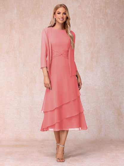 Robes de Soirée Mi-Longues sans Manches Fourreau/Colonne en Scoop avec Volants & Veste à Manches Longues