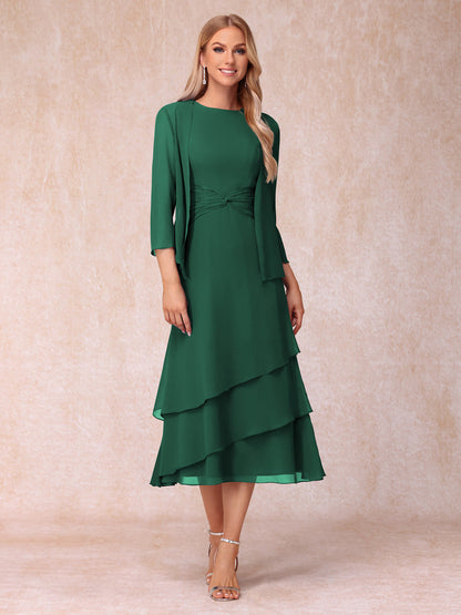 Robes de Soirée Mi-Longues sans Manches Fourreau/Colonne en Scoop avec Volants & Veste à Manches Longues