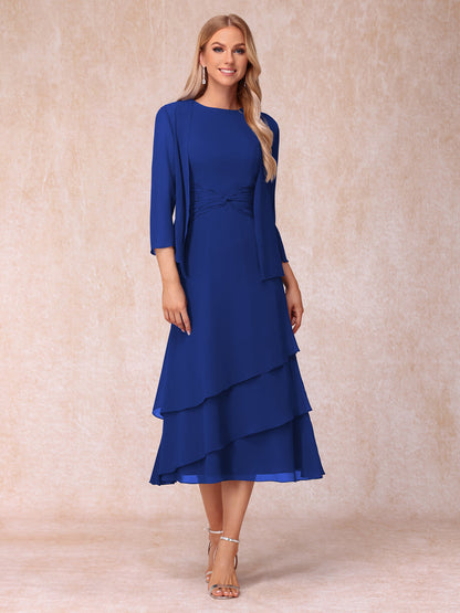 Robes de Soirée Mi-Longues sans Manches Fourreau/Colonne en Scoop avec Volants & Veste à Manches Longues