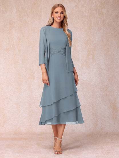 Robes de Soirée Mi-Longues sans Manches Fourreau/Colonne en Scoop avec Volants & Veste à Manches Longues