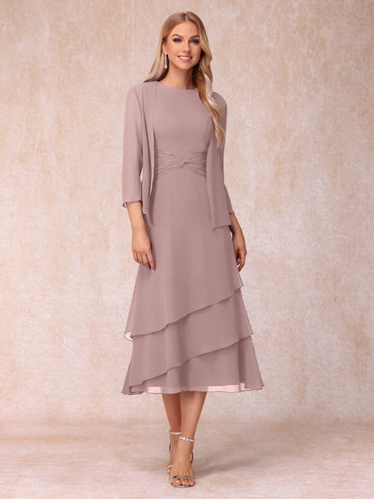 Robes de Soirée Mi-Longues sans Manches Fourreau/Colonne en Scoop avec Volants & Veste à Manches Longues