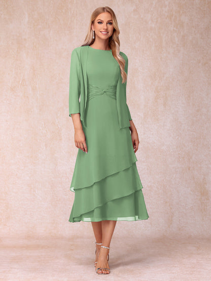 Robes de Soirée Mi-Longues sans Manches Fourreau/Colonne en Scoop avec Volants & Veste à Manches Longues