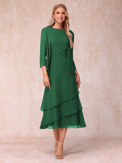 Robes de Soirée Mi-Longues sans Manches Fourreau/Colonne en Scoop avec Volants & Veste à Manches Longues