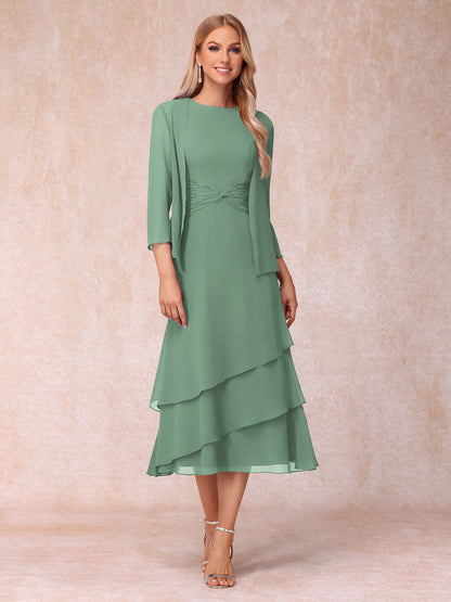Robes de Soirée Mi-Longues sans Manches Fourreau/Colonne en Scoop avec Volants & Veste à Manches Longues