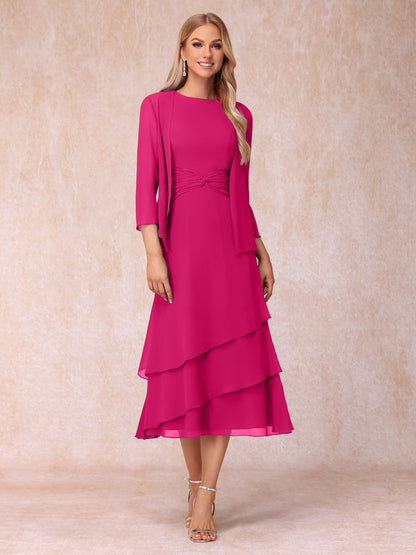 Robes de Soirée Mi-Longues sans Manches Fourreau/Colonne en Scoop avec Volants & Veste à Manches Longues