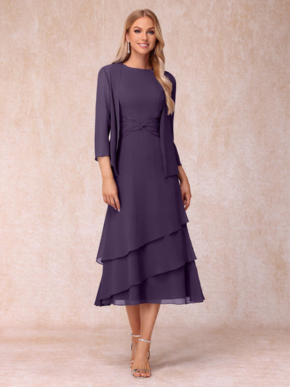 Robes de Soirée Mi-Longues sans Manches Fourreau/Colonne en Scoop avec Volants & Veste à Manches Longues