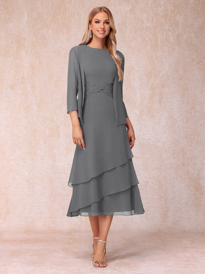 Robes de Soirée Mi-Longues sans Manches Fourreau/Colonne en Scoop avec Volants & Veste à Manches Longues