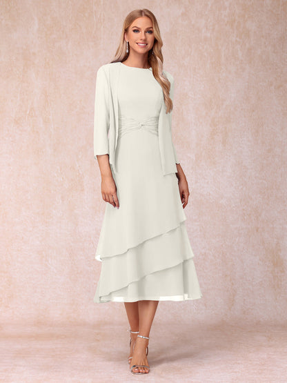 Robes de Soirée Mi-Longues sans Manches Fourreau/Colonne en Scoop avec Volants & Veste à Manches Longues
