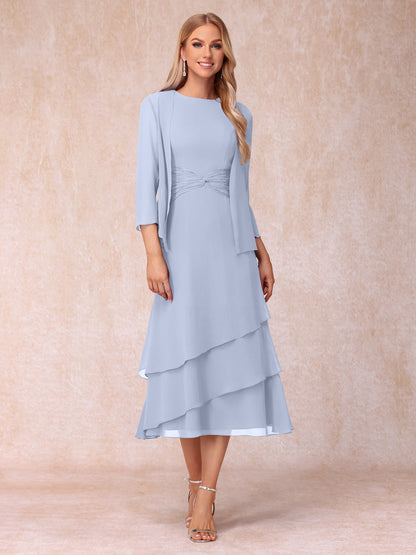 Robes de Soirée Mi-Longues sans Manches Fourreau/Colonne en Scoop avec Volants & Veste à Manches Longues