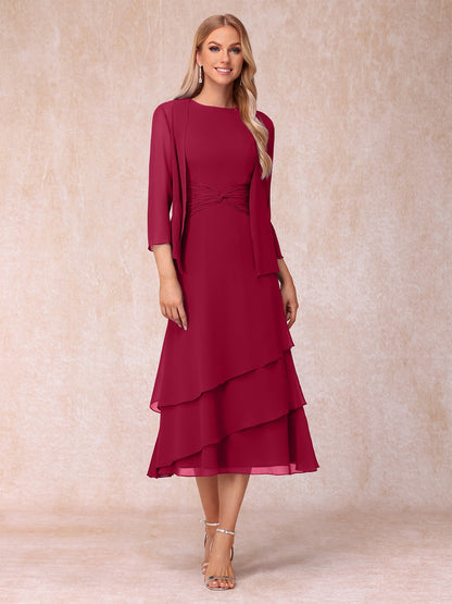 Robes de Soirée Mi-Longues sans Manches Fourreau/Colonne en Scoop avec Volants & Veste à Manches Longues
