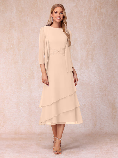Robes de Soirée Mi-Longues sans Manches Fourreau/Colonne en Scoop avec Volants & Veste à Manches Longues