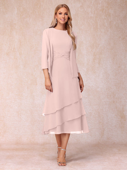 Robes de Soirée Mi-Longues sans Manches Fourreau/Colonne en Scoop avec Volants & Veste à Manches Longues