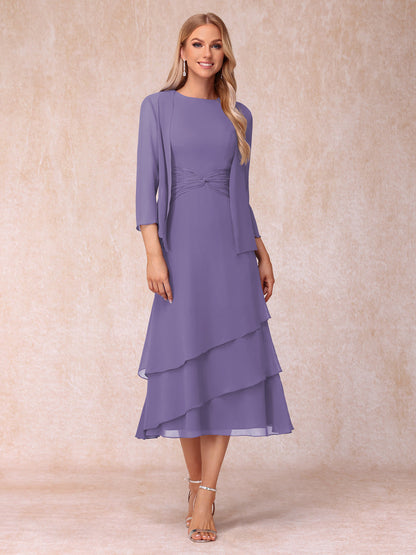 Robes de Soirée Mi-Longues sans Manches Fourreau/Colonne en Scoop avec Volants & Veste à Manches Longues