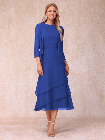 Robes de Soirée Mi-Longues sans Manches Fourreau/Colonne en Scoop avec Volants & Veste à Manches Longues