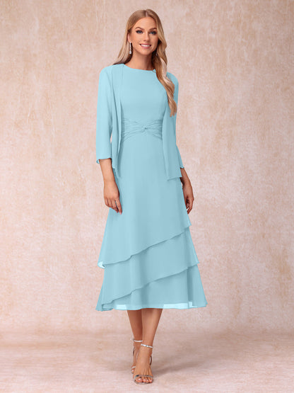 Robes de Soirée Mi-Longues sans Manches Fourreau/Colonne en Scoop avec Volants & Veste à Manches Longues