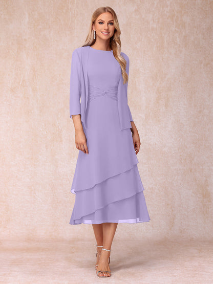 Robes de Soirée Mi-Longues sans Manches Fourreau/Colonne en Scoop avec Volants & Veste à Manches Longues