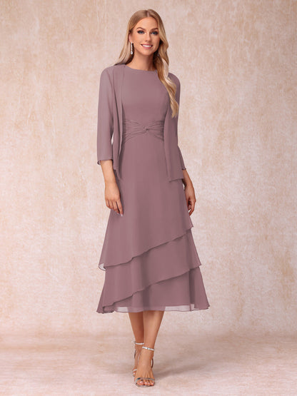 Robes de Soirée Mi-Longues sans Manches Fourreau/Colonne en Scoop avec Volants & Veste à Manches Longues