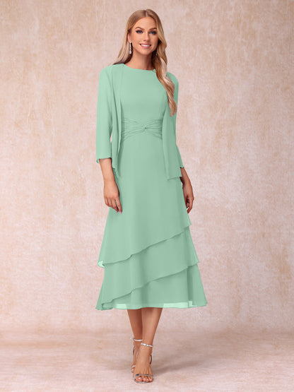Robes de Soirée Mi-Longues sans Manches Fourreau/Colonne en Scoop avec Volants & Veste à Manches Longues