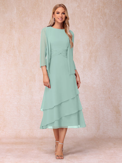 Robes de Soirée Mi-Longues sans Manches Fourreau/Colonne en Scoop avec Volants & Veste à Manches Longues