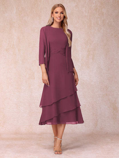 Robes de Soirée Mi-Longues sans Manches Fourreau/Colonne en Scoop avec Volants & Veste à Manches Longues