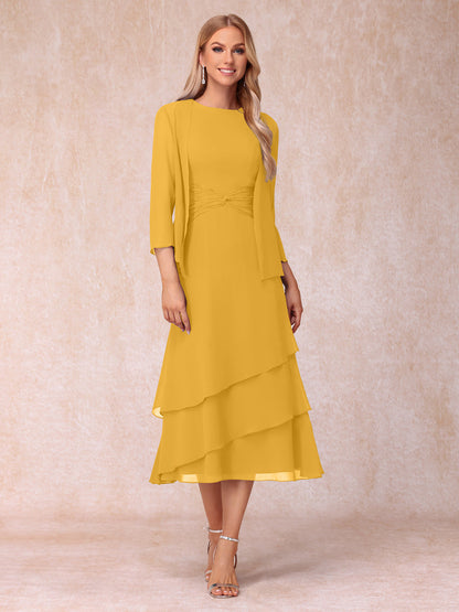 Robes de Soirée Mi-Longues sans Manches Fourreau/Colonne en Scoop avec Volants & Veste à Manches Longues