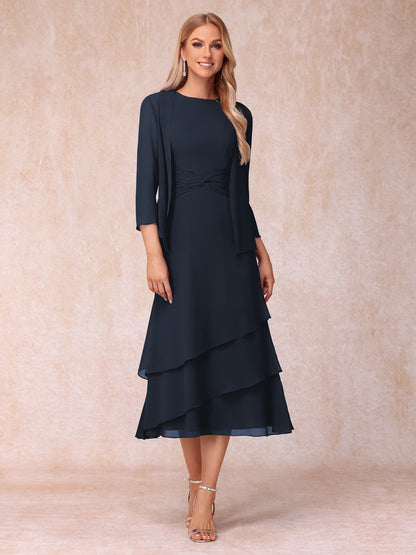 Robes de Soirée Mi-Longues sans Manches Fourreau/Colonne en Scoop avec Volants & Veste à Manches Longues