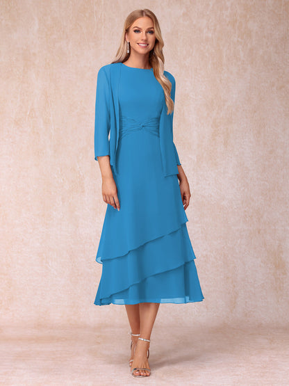 Robes de Soirée Mi-Longues sans Manches Fourreau/Colonne en Scoop avec Volants & Veste à Manches Longues