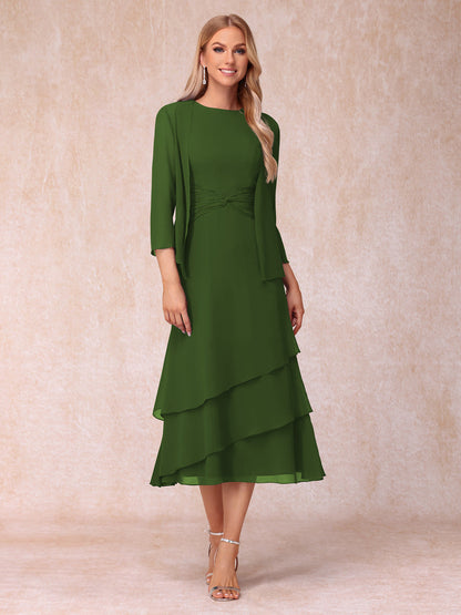 Robes de Soirée Mi-Longues sans Manches Fourreau/Colonne en Scoop avec Volants & Veste à Manches Longues