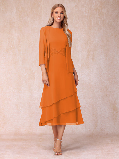 Robes de Soirée Mi-Longues sans Manches Fourreau/Colonne en Scoop avec Volants & Veste à Manches Longues
