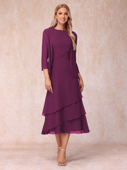 Robes de Soirée Mi-Longues sans Manches Fourreau/Colonne en Scoop avec Volants & Veste à Manches Longues