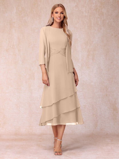 Robes de Soirée Mi-Longues sans Manches Fourreau/Colonne en Scoop avec Volants & Veste à Manches Longues