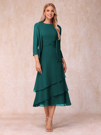 Robes de Soirée Mi-Longues sans Manches Fourreau/Colonne en Scoop avec Volants & Veste à Manches Longues
