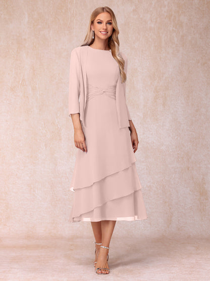 Robes de Soirée Mi-Longues sans Manches Fourreau/Colonne en Scoop avec Volants & Veste à Manches Longues