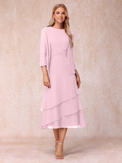 Robes de Soirée Mi-Longues sans Manches Fourreau/Colonne en Scoop avec Volants & Veste à Manches Longues