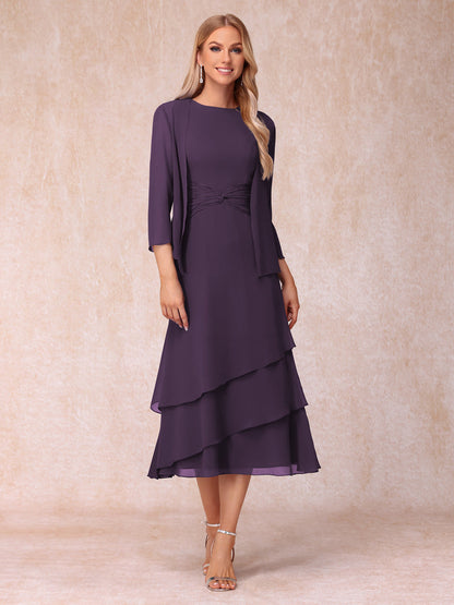 Robes de Soirée Mi-Longues sans Manches Fourreau/Colonne en Scoop avec Volants & Veste à Manches Longues